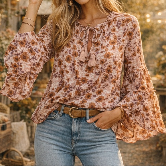 lovestitch Tops - Lovestitch Boho Floral Peasant Top M Pink Brown Ruffle Bell Sleeve Cottagecore